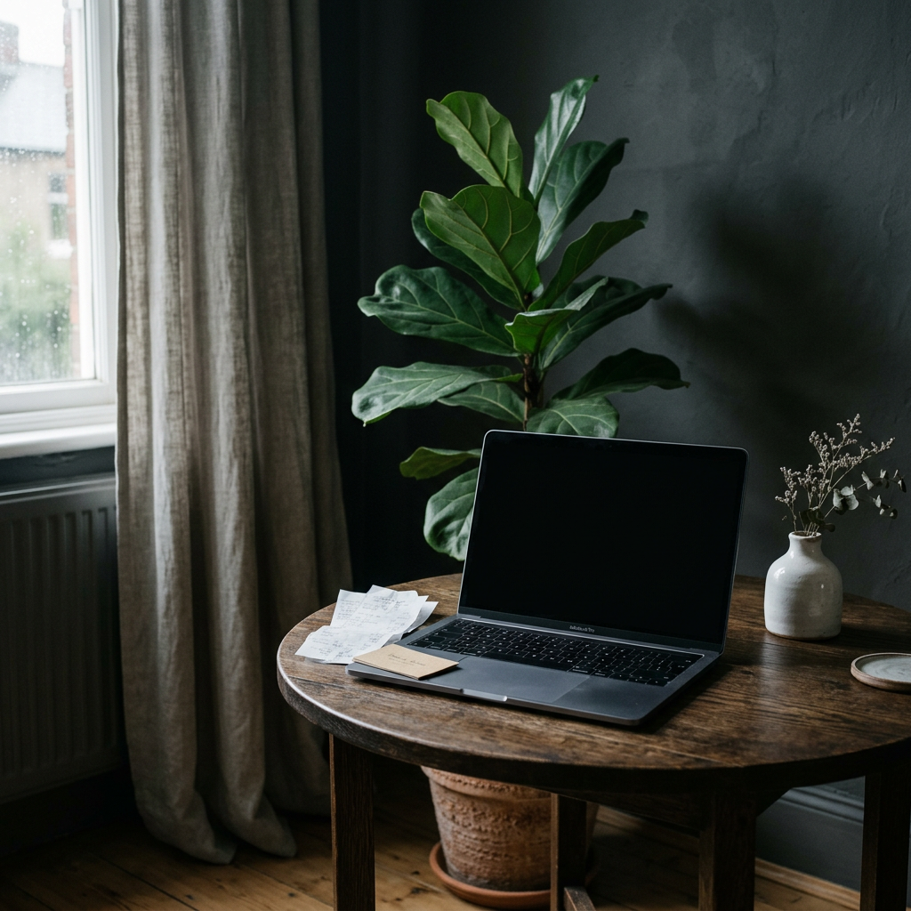 A laptop on a round wooden side table beside a tall green plant, with a few receipts next to it