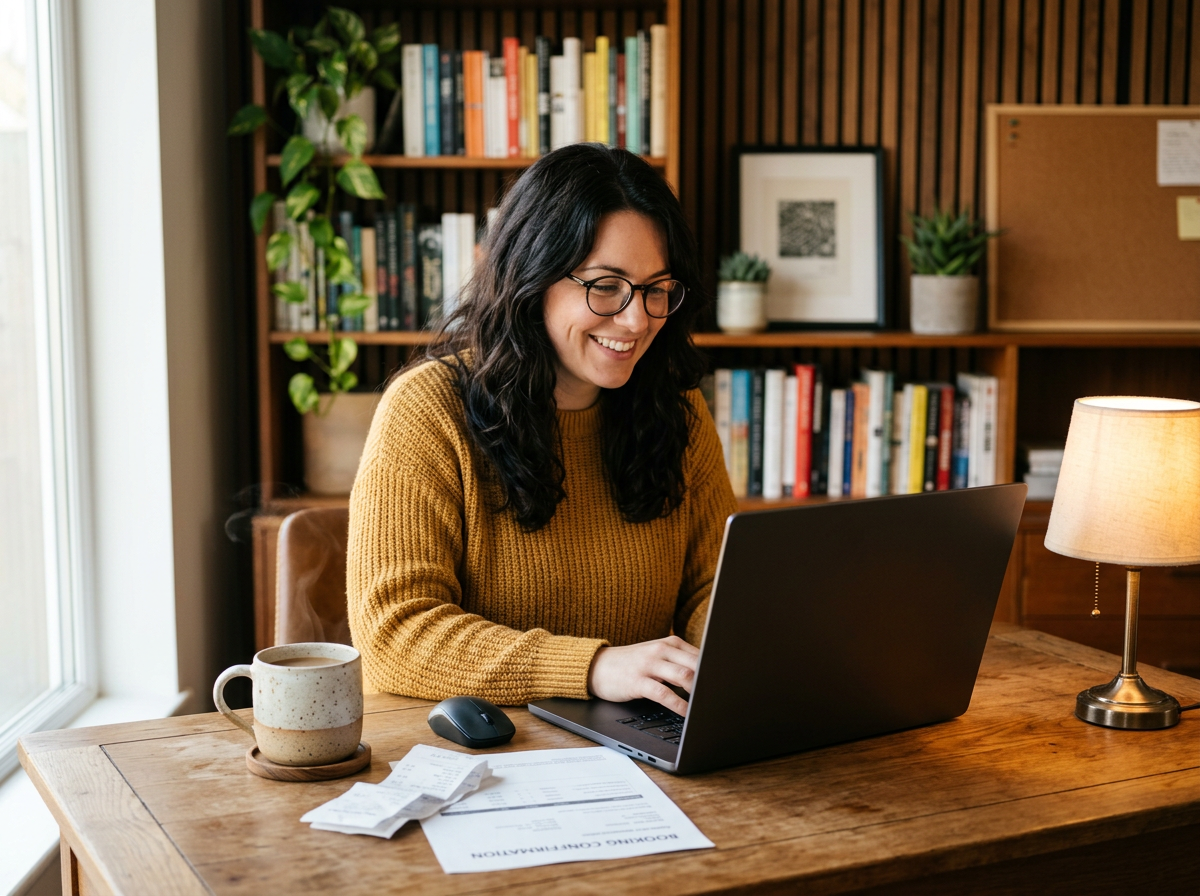 A smiling freelancer at a wooden desk with a laptop, a mug, a paper receipt and a printed confirmation email